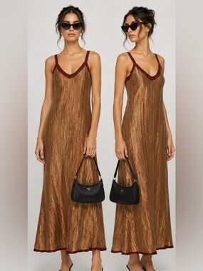 Zara Knit Metallic Pleated Midi Dress Gold Burgundy Size Large